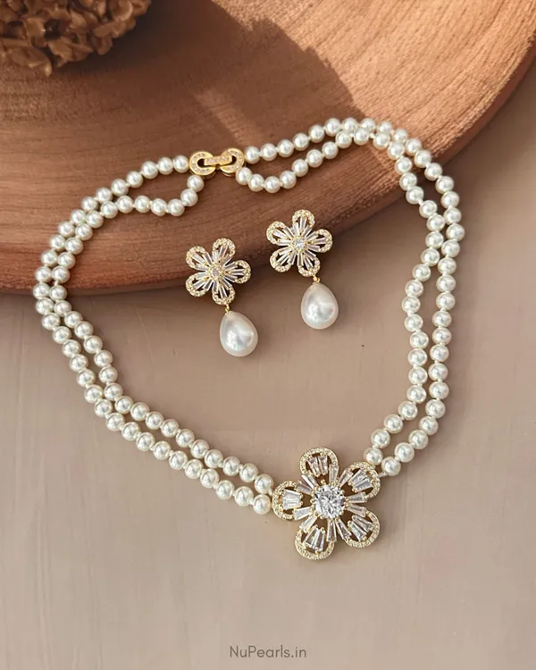 Gold_Claire_AD_Baguette_Pearl_Necklace_With_AD_Back_Clasp_&__Earrings_|18K_Gold_Plated