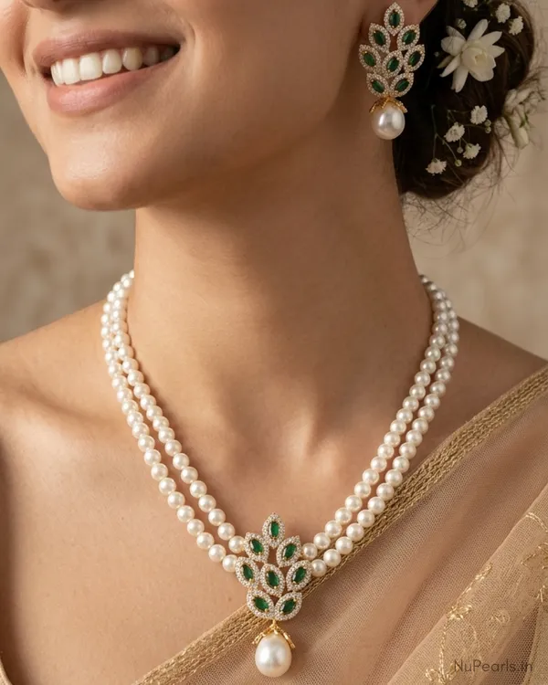 Gold_Green_Amora_AD_Pearl_Necklace_With_AD_Back_Clasp_&_Matching_Earrings_|18K_Gold_Plated