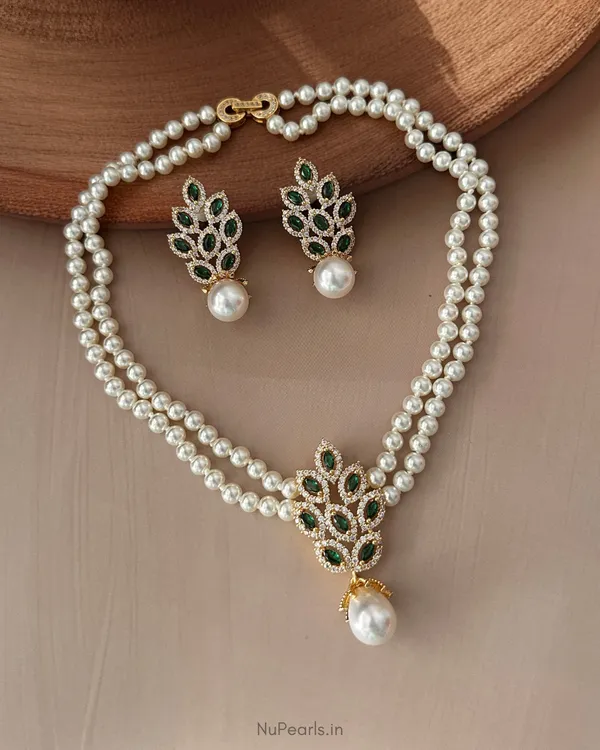 Gold_Green_Amora_AD_Pearl_Necklace_With_AD_Back_Clasp_&_Matching_Earrings_|18K_Gold_Plated