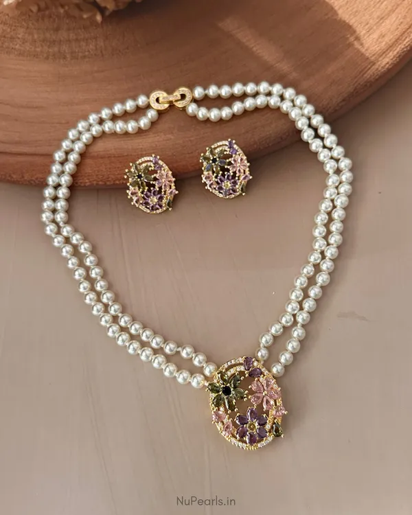 Gold_Multi_Paloma_AD_Pearl_Necklace_With_AD_Back_Clasp_&_Matching_Earrings_|18K_Gold_Plated