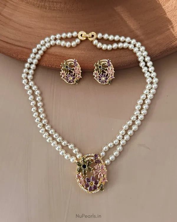 Gold_Multi_Paloma_AD_Pearl_Necklace_With_AD_Back_Clasp_&_Matching_Earrings_|18K_Gold_Plated