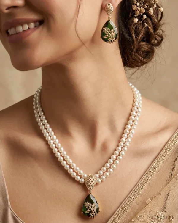 Green_Elva_AD_Pearl_3D_Necklace_With_AD_Back_Clasp_&_Matching_Earrings_|18K_Gold_Plated