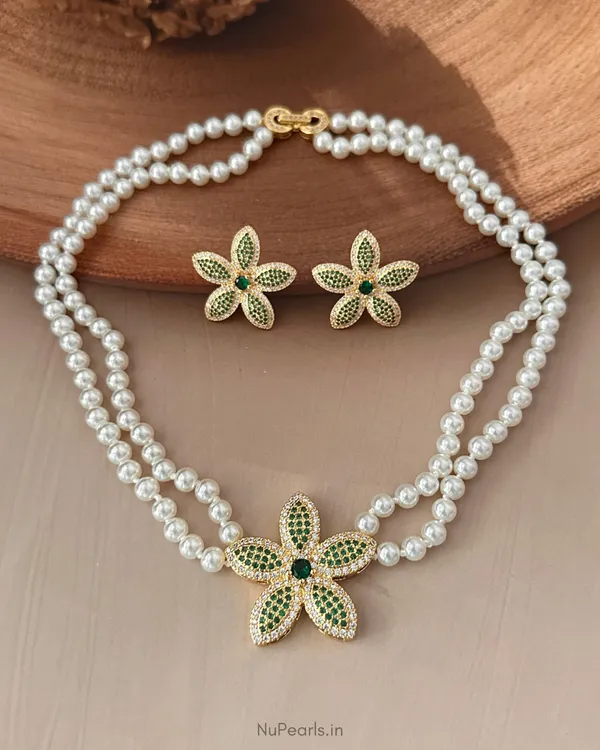 Green_Ruhani_AD_Pearl_Necklace_With_AD_Back_Clasp_&_Matching_Earrings_|18K_Gold_Plated_Double_Layer_Pearl_Set