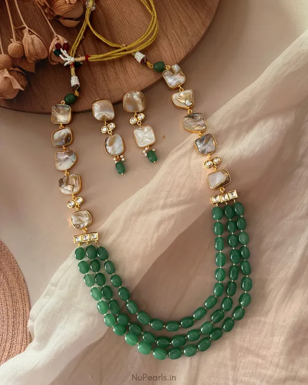Green_Rangrez_3_Layered_Mother_Of_Pearl_Long_Necklace_Set_|18K_Gold_Plated