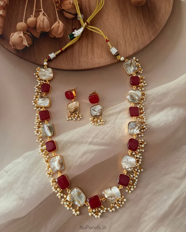 Handmade_Red_Roha_Mother_Of_Pearl_&_Agate_Long_Necklace_with_Pearl_Hanging|18K_Gold_Plated_Necklace_Set_with_Drawstring