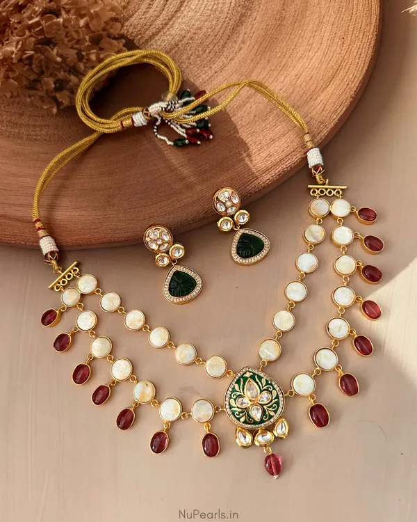 Inayaat_Red-Green_Baroque_Pearl_Double_Layer_Necklace|Handmade_Designer_Necklace