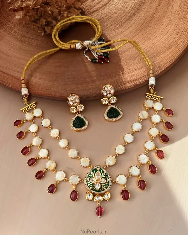 Inayaat_Red-Green_Baroque_Pearl_Double_Layer_Necklace|Handmade_Designer_Necklace