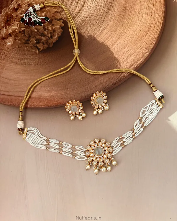 Ivory_White_Laafz_Carved_Stone_&_Polki_Kundan_Multilayer_Necklace_Set_with_Drawstring|18K_Gold_Plated