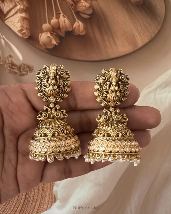 Kaamini_Temple_Lakshmi_Jhumka_Earrings_with_Pearl_Drops_|Antique_Gold_Finish