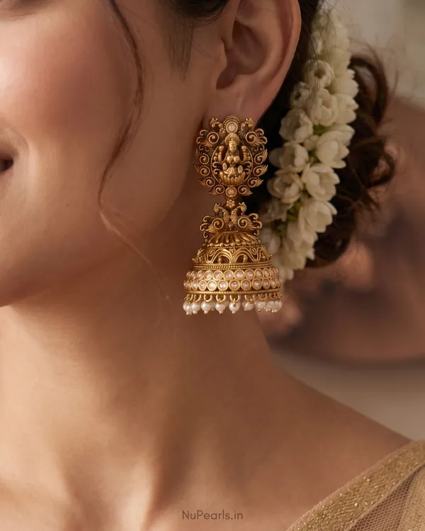 Kaamini_Temple_Lakshmi_Jhumka_Earrings_with_Pearl_Drops_|Antique_Gold_Finish