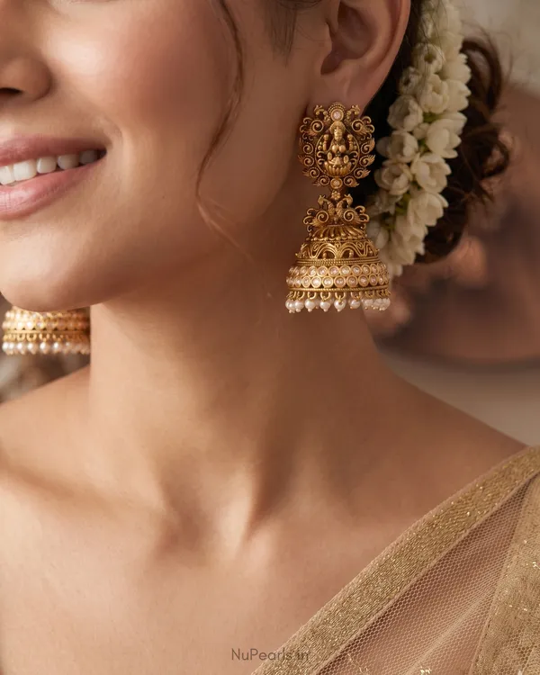 Kaamini_Temple_Lakshmi_Jhumka_Earrings_with_Pearl_Drops_|Antique_Gold_Finish