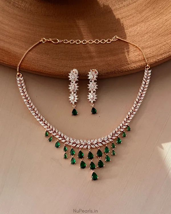 Green_Raha_Necklace|18K_Rose_Gold_Plated_American_Diamond_Jewellery_Set_For_Women_With_Earrings