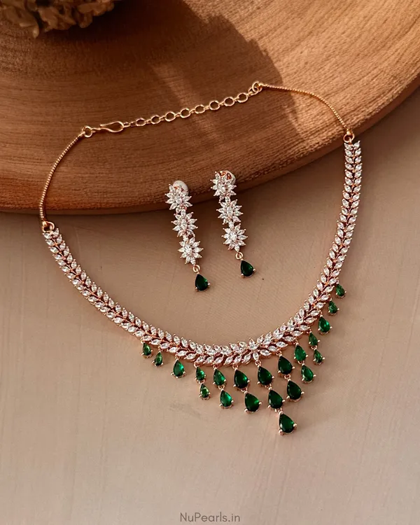 Green_Raha_Necklace|18K_Rose_Gold_Plated_American_Diamond_Jewellery_Set_For_Women_With_Earrings
