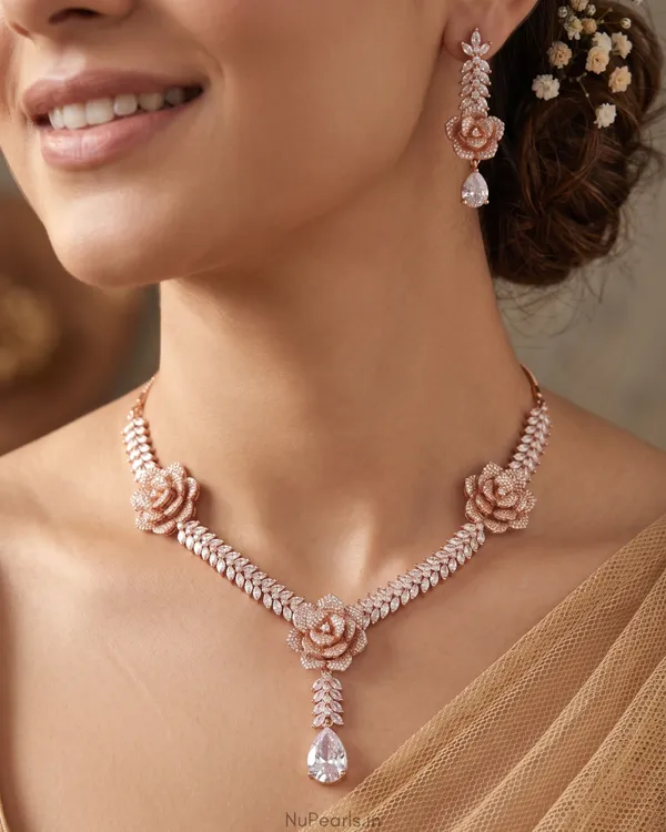 Rose_Gold_Lara_Necklace_with_Rotating_Flowers_|18K_Rose_Gold_Plated_American_Diamond_Jewellery_Set_For_Women_With_Earrings