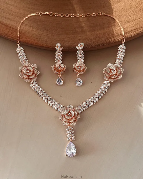 Rose_Gold_Lara_Necklace_with_Rotating_Flowers_|18K_Rose_Gold_Plated_American_Diamond_Jewellery_Set_For_Women_With_Earrings