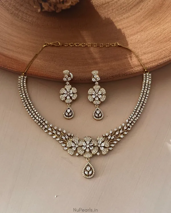 White_Gita_Necklace|_Antique_Polish_American_Diamond_Jewellery_Set_For_Women_With_Earrings