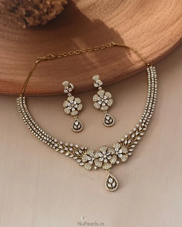 White_Gita_Necklace|_Antique_Polish_American_Diamond_Jewellery_Set_For_Women_With_Earrings