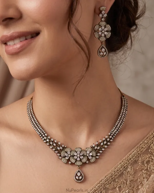 White_Gita_Necklace|_Antique_Polish_American_Diamond_Jewellery_Set_For_Women_With_Earrings