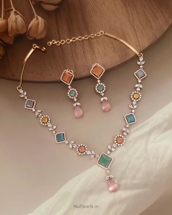 Pastel_Multi_Jannat_Necklace_|_18K_Rose_Gold_Plated_CZ_Studded_Jewellery_Set_For_Women