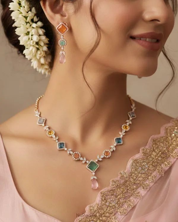 Pastel_Multi_Jannat_Necklace_|_18K_Rose_Gold_Plated_CZ_Studded_Jewellery_Set_For_Women
