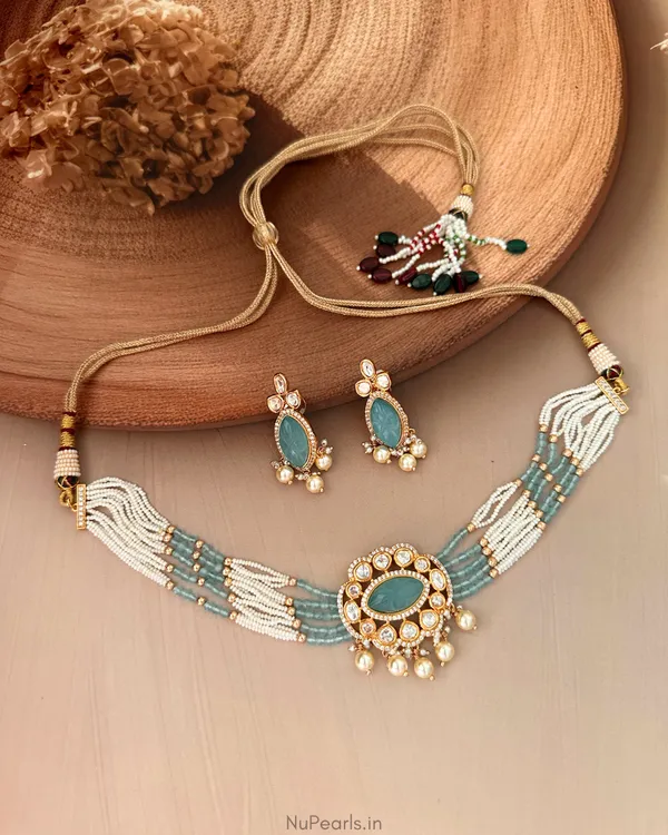 Light_Blue_Nazakat_Carved_Stone_&_Polki_Kundan_Multilayer_Necklace_Set_with_Drawstring|18K_Gold_Plated