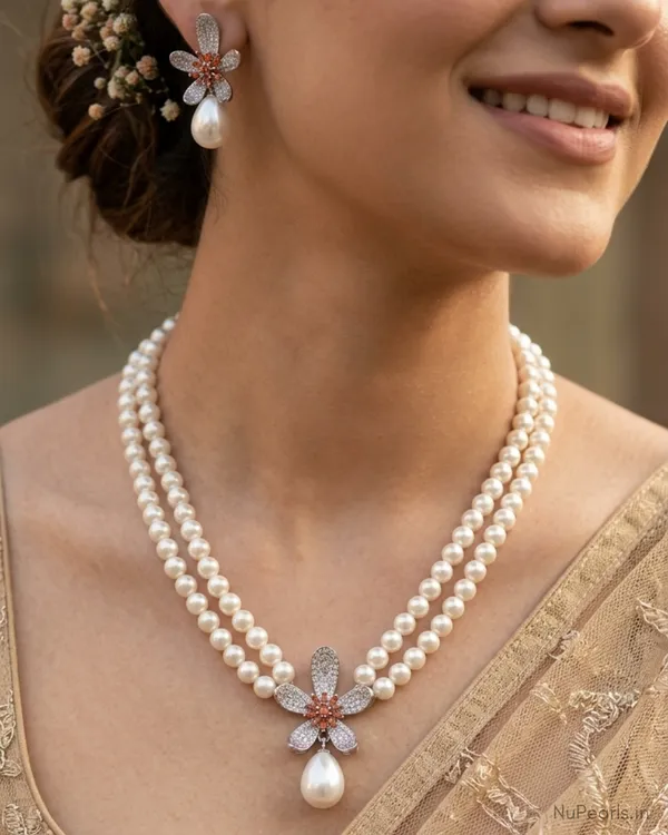 Light_Purple_Kimi_AD_Pearl_Necklace_With_AD_Back_Clasp_&_Matching_Earrings_|18K_Gold_Plated