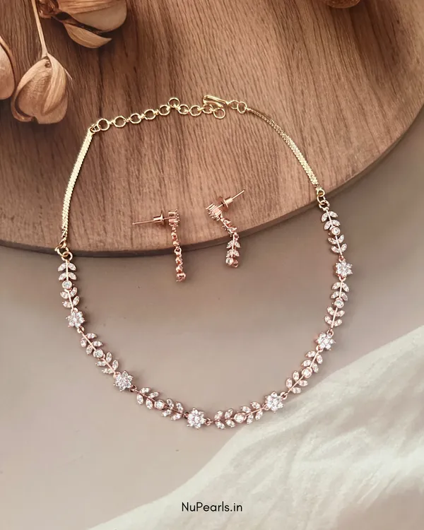 ROSA_Rose_Gold_Floral_Necklace_With_CZ_Stone_|_18K_Gold_Plated_Necklace_Set_For_Women