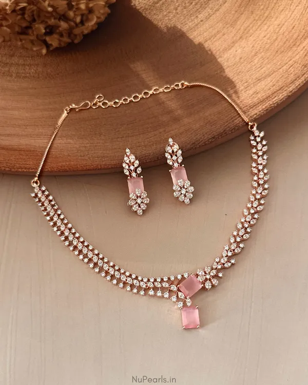 Pink_Elena_Necklace|18K_Rose_Gold_Plated_American_Diamond_Jewellery_Set_For_Women_With_Earrings