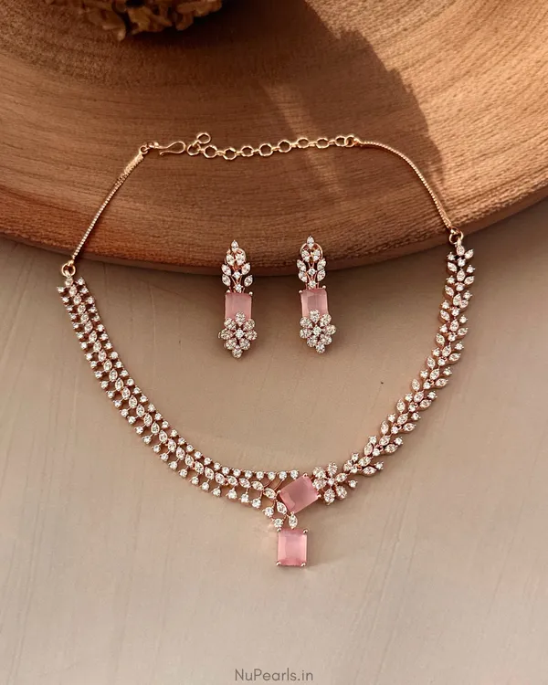 Pink_Elena_Necklace|18K_Rose_Gold_Plated_American_Diamond_Jewellery_Set_For_Women_With_Earrings