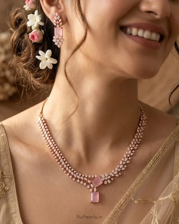 Pink_Elena_Necklace|18K_Rose_Gold_Plated_American_Diamond_Jewellery_Set_For_Women_With_Earrings