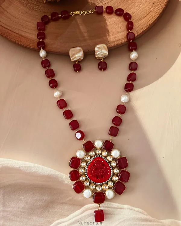 Miraya_Red_Carved_Stone,_Kundan_&_Baroque_Pearl_Long_Pendant_Necklace_Set|18K_Gold_Plated,_Handmade
