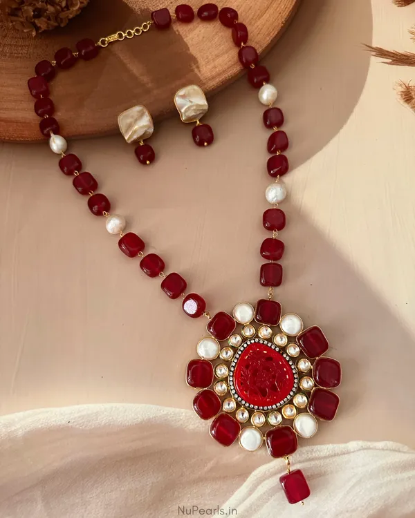 Miraya_Red_Carved_Stone,_Kundan_&_Baroque_Pearl_Long_Pendant_Necklace_Set|18K_Gold_Plated,_Handmade