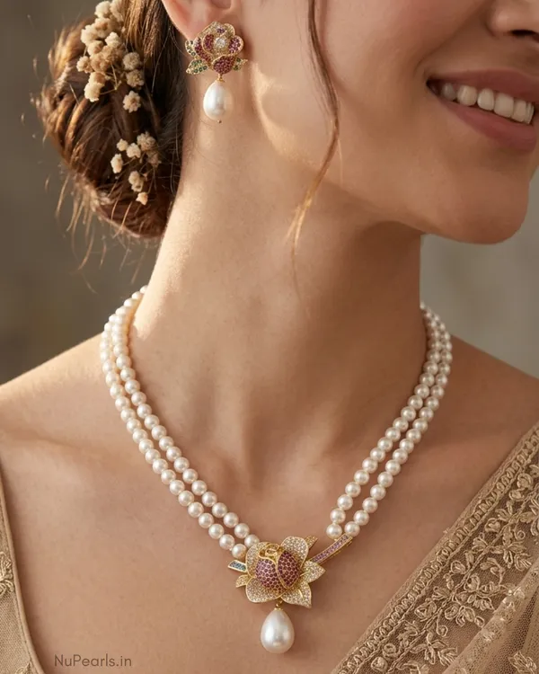 Multi_Elle_AD_Pearl_Necklace_With_AD_Back_Clasp_&_Matching_Earrings_|18K_Gold_Plated