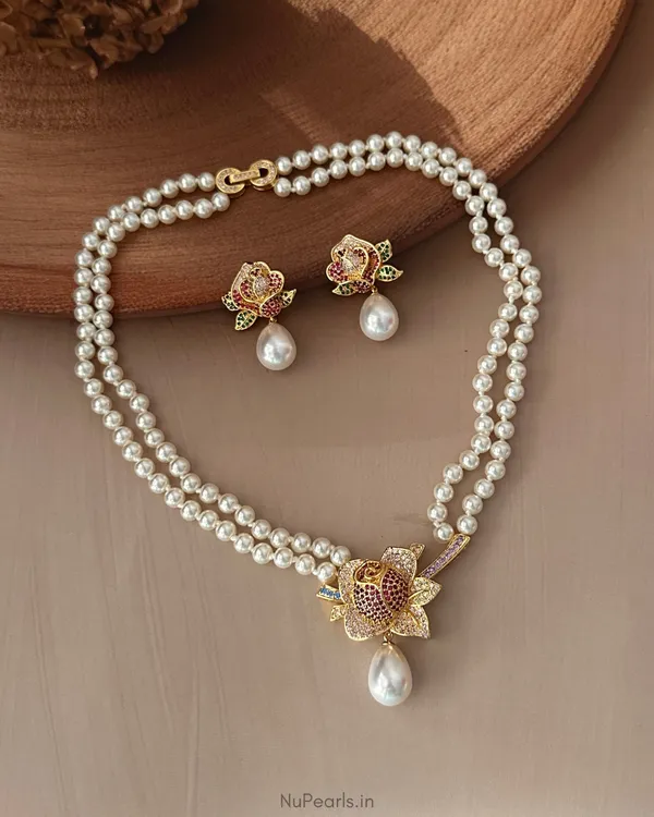 Multi_Elle_AD_Pearl_Necklace_With_AD_Back_Clasp_&_Matching_Earrings_|18K_Gold_Plated