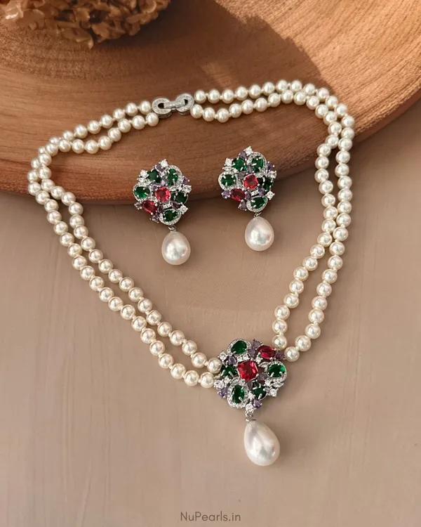 Multi_Nomi_Double_Layer_Pearl_NecklaceWith_AD_Back_Clasp_&_Matching_Earrings_|Rhodium_Plated