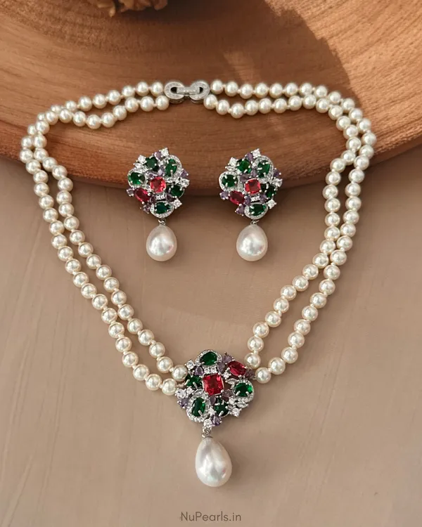 Multi_Nomi_Double_Layer_Pearl_NecklaceWith_AD_Back_Clasp_&_Matching_Earrings_|Rhodium_Plated