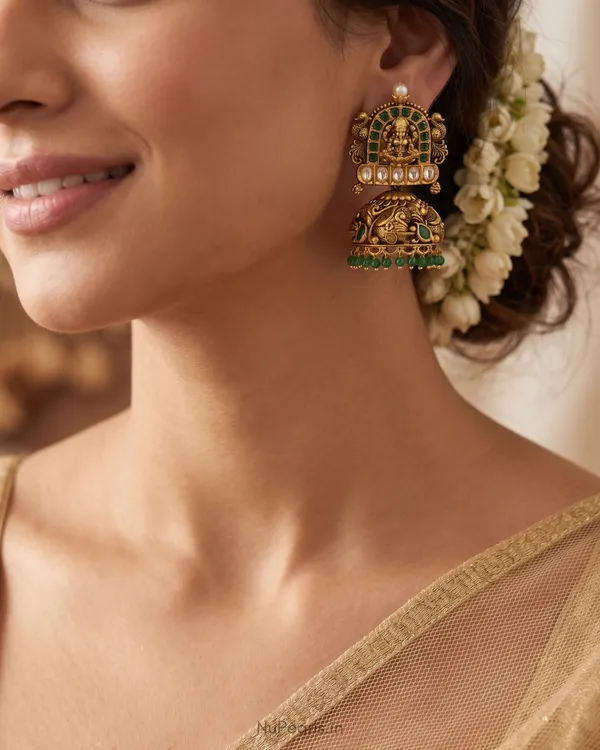 Green_Ragini_Temple_Lakshmi_Antique_Gold_Jhumka_Earrings