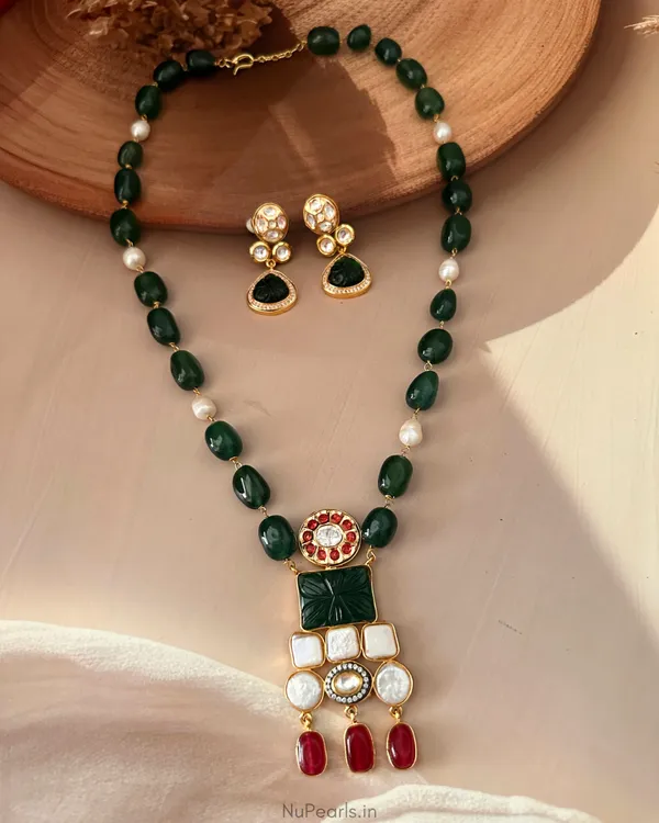 Nargis_Green_Carved_Stone_&_Pearl_Long_Pendant_Set|18K_Gold_Plated_Handmade_Designer_Necklace