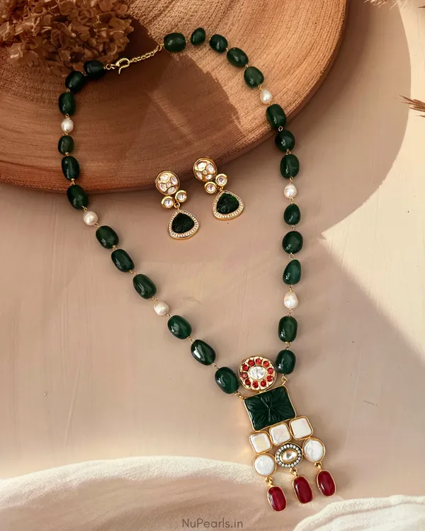 Nargis_Green_Carved_Stone_&_Pearl_Long_Pendant_Set|18K_Gold_Plated_Handmade_Designer_Necklace