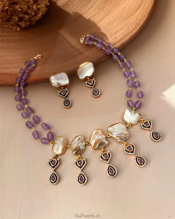 Nausheen_Purple_Stone_&_Mother_of_Pearl_Handmade_Necklace_Set|Dual_18K_Gold_&_Antique_Gold_Polish