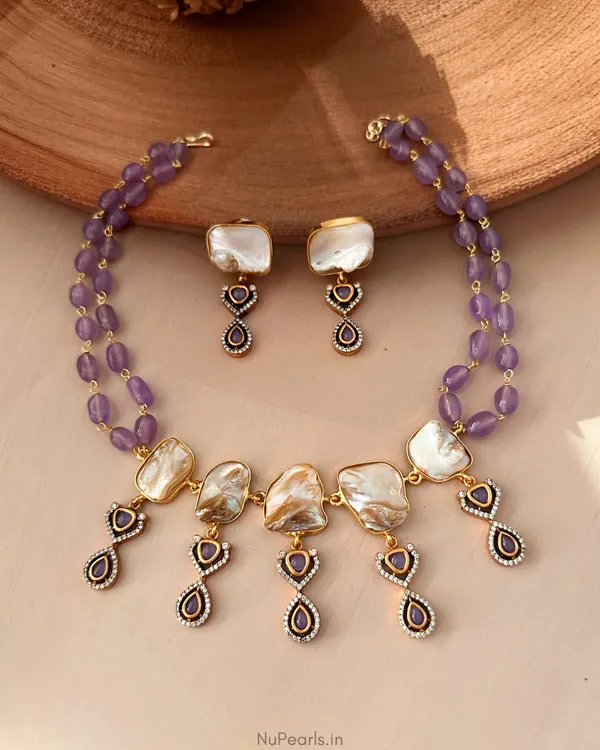 Nausheen_Purple_Stone_&_Mother_of_Pearl_Handmade_Necklace_Set|Dual_18K_Gold_&_Antique_Gold_Polish
