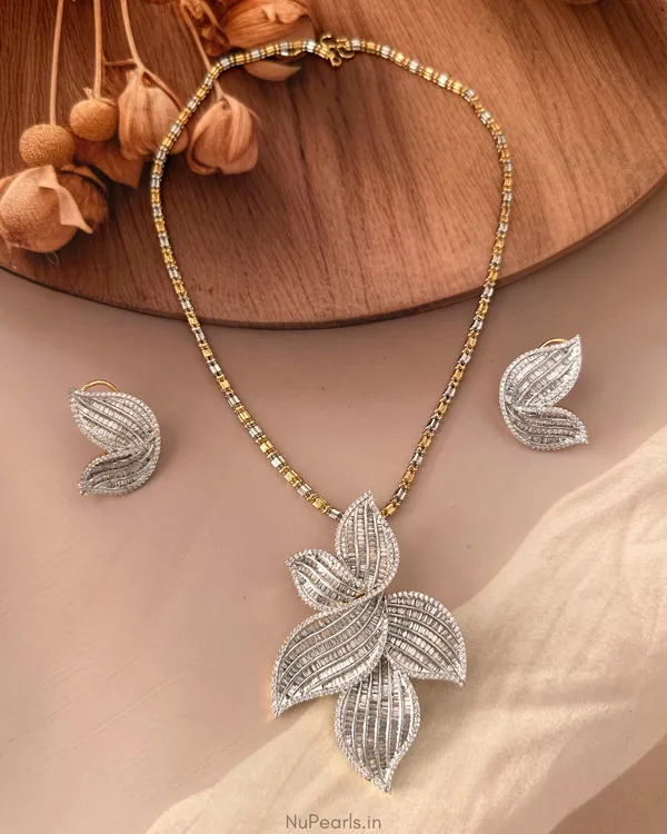 Nava_CZ_Baguette_Gold_Silver_Pendant_Set_With_Chain|Screw_Back_Earrings