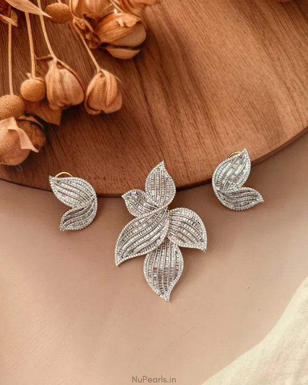 Nava_CZ_Baguette_Gold_Silver_Pendant_Set_With_Chain|Screw_Back_Earrings
