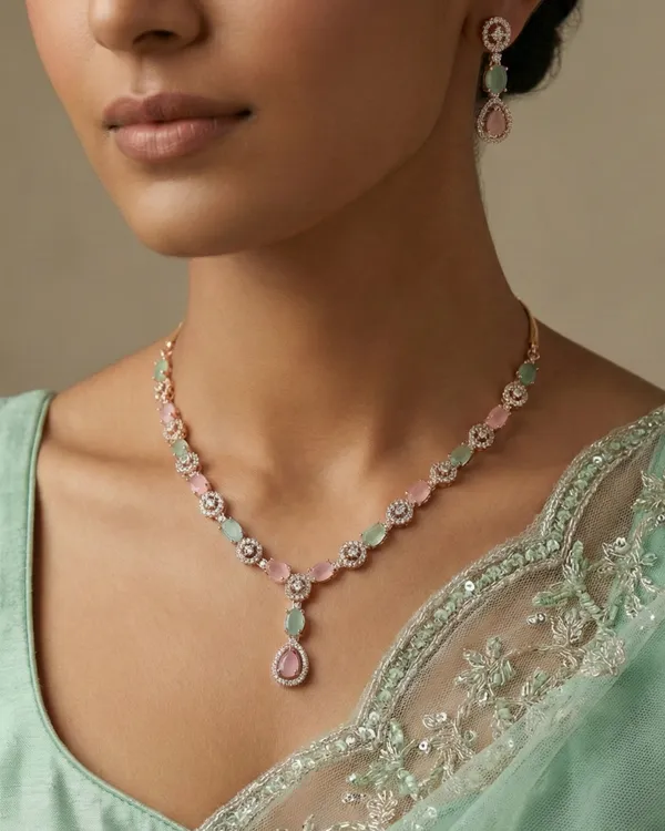 Mint_Green-Pink_Mia_AD_Stone_Necklace_|_18K_Gold_Plated_Necklace_Set_For_Women