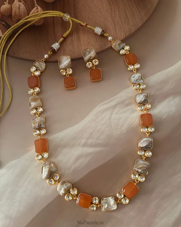 Orange_Lumaa_Mother_Of_Pearl_&_Kundan_Necklace_Set_|18K_Gold_Plated
