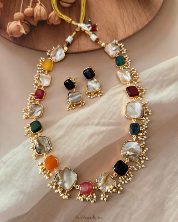 Handmade_Multi_Roha_MOP_&_Agate_Long_Necklace_with_Pearl_Hanging_(_Placement_of_Coloured_Stones_Will_Vary_In_Each_Necklace)