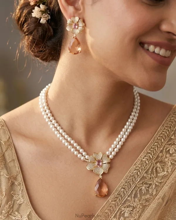 Peach-Pink_Adora_AD_Pearl_Necklace_With_AD_Back_Clasp_&_Matching_Earrings_|18K_Gold_Plated