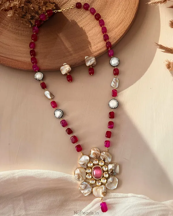 Pink_Maanvi_Mother_Of_Pearl_&_Kundan_Long_Pendant_Set|Handmade_18K_Gold_Plated_Necklace