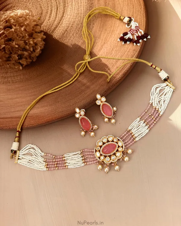 Pink_Nazakat_Carved_Stone_&_Polki_Kundan_Multilayer_Necklace_Set_with_Drawstring|18K_Gold_Plated
