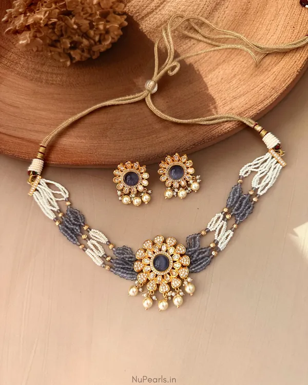 Purple_Laafz_Carved_Stone_&_Polki_Kundan_Multilayer_Necklace_Set_with_Drawstring|18K_Gold_Plated